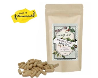 May include: A beige pouch of Damiana Leaf Capsules, with a label that reads "Magical Remedies". The label also states "500mg 50 capsules Food supplement". A pile of brown capsules is in front of the pouch. A yellow sticker says "made by pharmacist".