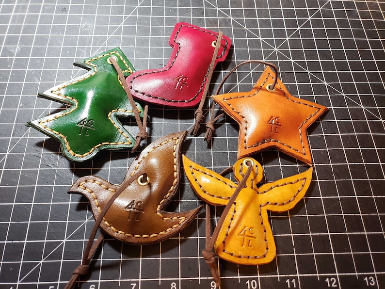 Set of Five Leather Christmas Tree Ornaments Holiday Handmade ...