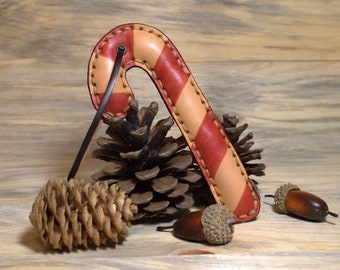 Candy Cane - Leather Christmas Tree Ornament - Holiday - Handmade - Handcrafted - Unique