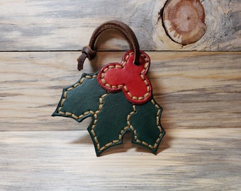 Holly - Leather Christmas Tree Ornament - Holiday - Handmade - Handcrafted - Unique