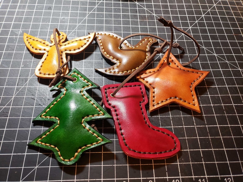 Set of Five Leather Christmas Tree Ornaments Holiday Handmade ...