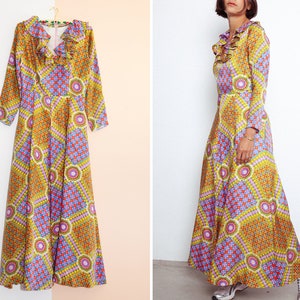 VINTAGE SILK DRESS - Women 70s silk rainbow Kaleidoscope Maxi Dress