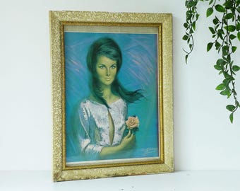 Seltene gerahmte Druck KAY von Louis Shabner - gerahmt Mid Century Lithographie 1960er 1970er Jahre Mid Century Modern Kitsch Kunst Vintage Wandkunst Wanddekor