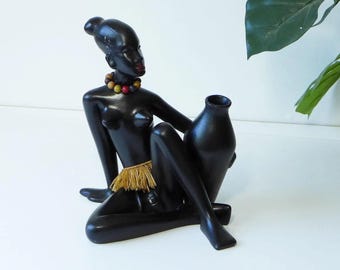Gmunder Keramik Afrikanische Dame Figur - Mid-Century Gips Skulptur - 1950er 1960er 1970er Dekor - Vintage Figur - Seltene Vase