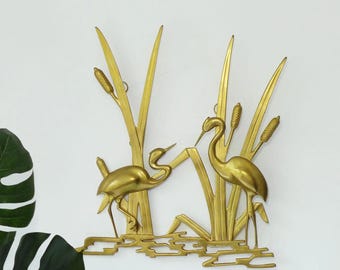 Vintage Messing Kranich Wandkunst - 50er 60er Jahre Wanddeko - Mid-Century Modern Skulptur Deko Kunst