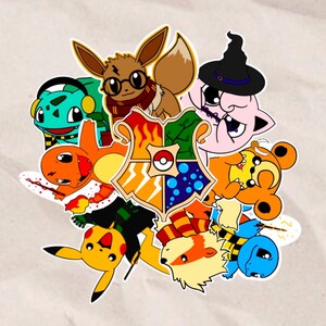 May include: A colorful sticker set featuring Pokemon characters in a Harry Potter theme. The stickers include Pikachu, Charmander, Squirtle, Bulbasaur, Eevee, and more. The stickers are perfect for decorating laptops, water bottles, and other surfaces.
