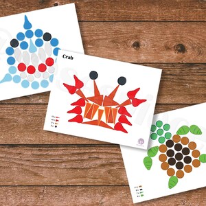 May include: A printable craft activity featuring three sea creatures: a shark, a crab, and a turtle. Each animal is made up of circles that are colour-coded with a key to indicate the number of circles needed for each colour.