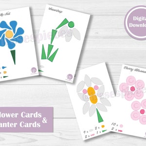 May include: A set of 20 printable flower cards and 4 planter cards. The cards feature different flower designs, including forget-me-nots, snowdrops, and cherry blossoms. Each card includes a list of shapes and quantities needed to create the flower.