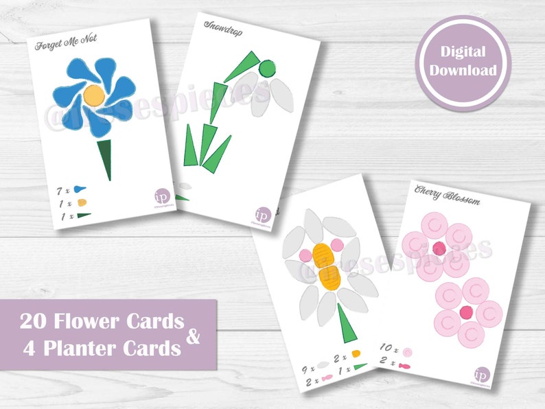 May include: A set of 20 printable flower cards and 4 planter cards. The cards feature different flower designs, including forget-me-nots, snowdrops, and cherry blossoms. Each card includes a list of shapes and quantities needed to create the flower.
