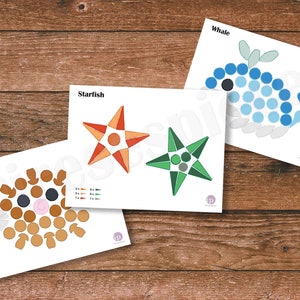 May include: Three printable activity sheets for children featuring a whale, starfish, and puffer fish. Each animal is made up of circles that can be coloured in.