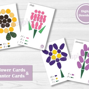 May include: A set of 20 printable flower cards and 4 planter cards for kids to learn about counting and math. The cards feature colorful illustrations of sunflowers, tulips, lavender, and other flowers.