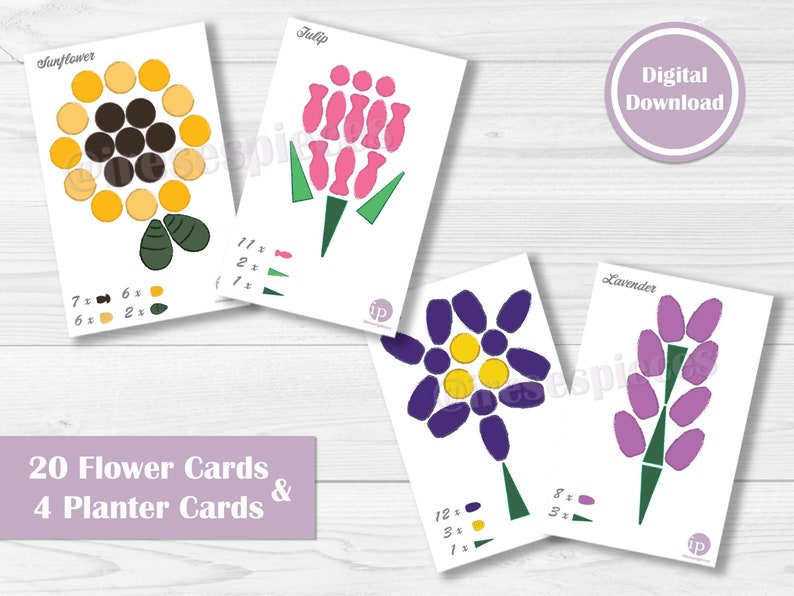 May include: A set of 20 printable flower cards and 4 planter cards for kids to learn about counting and math. The cards feature colorful illustrations of sunflowers, tulips, lavender, and other flowers.