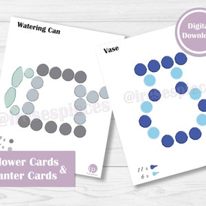 May include: Two printable activity cards for kids. One card shows a watering can made of gray and green circles. The other card shows a vase made of blue and light blue circles. The text on the cards says "Watering Can" and "Vase". The text at the bottom of the cards says "20 Flower Cards & 4 Planter Cards".