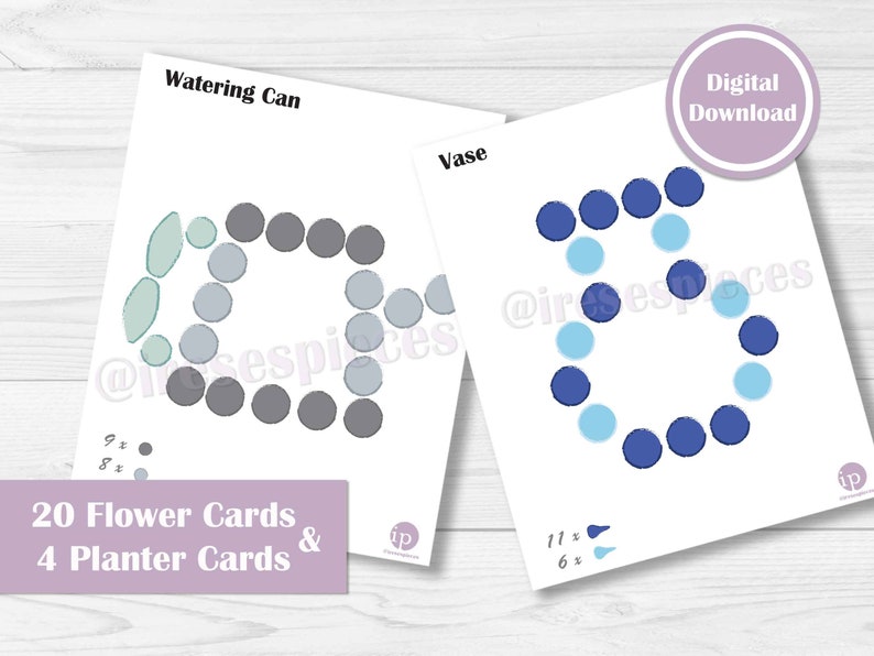 May include: Two printable activity cards for kids. One card shows a watering can made of gray and green circles. The other card shows a vase made of blue and light blue circles. The text on the cards says "Watering Can" and "Vase". The text at the bottom of the cards says "20 Flower Cards & 4 Planter Cards".