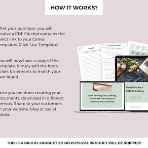 Puede incluir: Una descripci&oacute;n de producto digital que muestra c&oacute;mo usar una plantilla de Canva. La imagen muestra una pantalla de computadora port&aacute;til con un producto digital titulado "How Feeling and Looking Your Best Can Help You Achieve Your Dreams" y otro producto digital titulado "Redefine Your Path & Destiny". La imagen tambi&eacute;n muestra una p&aacute;gina impresa con el texto "Day 17" y otra p&aacute;gina impresa con el texto "Stop People Pleasing".