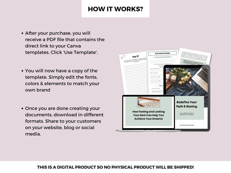 Puede incluir: Una descripci&oacute;n de producto digital que muestra c&oacute;mo usar una plantilla de Canva. La imagen muestra una pantalla de computadora port&aacute;til con un producto digital titulado "How Feeling and Looking Your Best Can Help You Achieve Your Dreams" y otro producto digital titulado "Redefine Your Path & Destiny". La imagen tambi&eacute;n muestra una p&aacute;gina impresa con el texto "Day 17" y otra p&aacute;gina impresa con el texto "Stop People Pleasing".