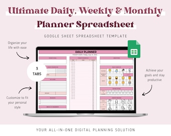 Daily Weekly Monthly Planner Spreadsheet, Google Sheets Template (Digital Download)