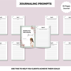 Puede incluir: Un diario de 30 p&aacute;ginas con un dise&ntilde;o floral y el texto "Redefine Your Path & Destiny Journal". El diario est&aacute; abierto en una p&aacute;gina con el texto "Day 27".