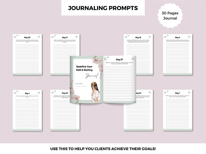 Puede incluir: Un diario de 30 p&aacute;ginas con un dise&ntilde;o floral y el texto "Redefine Your Path & Destiny Journal". El diario est&aacute; abierto en una p&aacute;gina con el texto "Day 27".