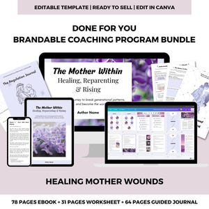 Op de afbeelding: Een digitale coachingprogramma-bundel met de titel "The Mother Within: Healing, Reparenting & Rising". De afbeelding toont een laptop, tablet, smartphone en gedrukte materialen. De bundel bevat een ebook, werkbladen en een geleid journaal.