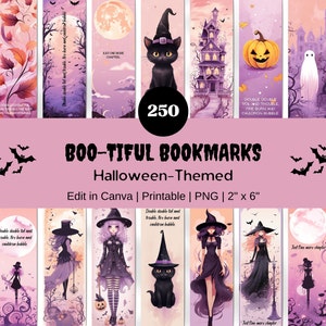 May include: Set of 250 printable Halloween-themed bookmarks featuring a variety of designs, including a witch, a black cat, a potion bottle, a haunted house, and a pumpkin. The bookmarks are 2 inches by 6 inches.
