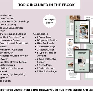 Puede incluir: Una portada de ebook digital con un esquema de color verde y blanco. La portada presenta una tableta que muestra una p&aacute;gina con el texto "Challenge Yourself to Walk on Water". El ebook tiene 86 p&aacute;ginas e incluye temas como introducci&oacute;n, conocerte a ti mismo, visualizaci&oacute;n y meditaci&oacute;n.