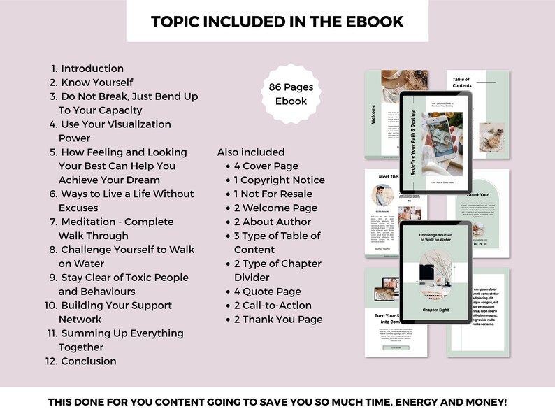 Puede incluir: Una portada de ebook digital con un esquema de color verde y blanco. La portada presenta una tableta que muestra una p&aacute;gina con el texto "Challenge Yourself to Walk on Water". El ebook tiene 86 p&aacute;ginas e incluye temas como introducci&oacute;n, conocerte a ti mismo, visualizaci&oacute;n y meditaci&oacute;n.