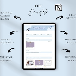 May include: A screenshot of a content calendar on a tablet. The calendar is organized by week and includes space for content ideas, deadlines, and other important information. The text "Content Calendar" is displayed at the top of the screen. The benefits of using a content calendar are listed around the tablet, including streamlined content planning, enhanced productivity, seamless task management, creative content ideas, enhanced brand consistency, and efficient goal tracking.