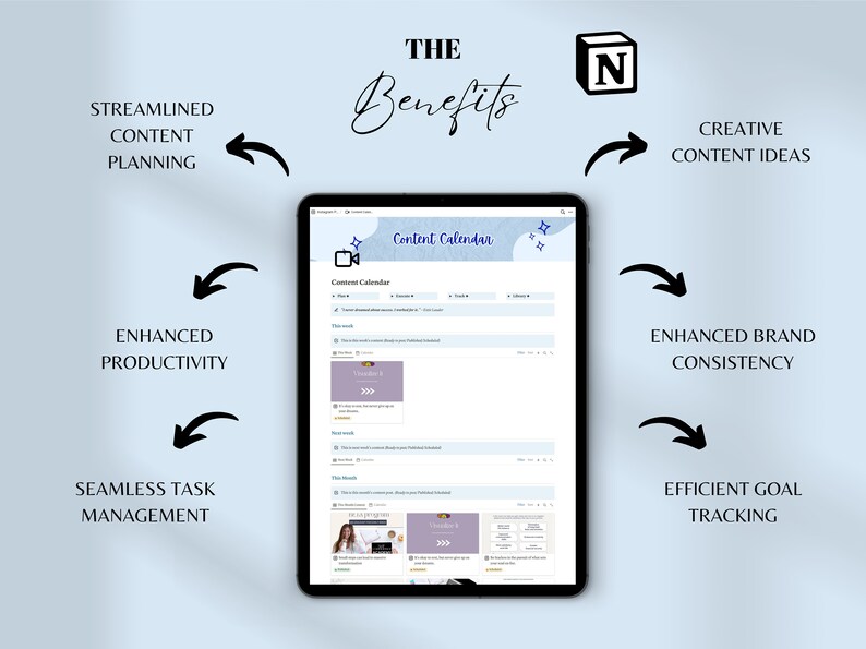 May include: A screenshot of a content calendar on a tablet. The calendar is organized by week and includes space for content ideas, deadlines, and other important information. The text "Content Calendar" is displayed at the top of the screen. The benefits of using a content calendar are listed around the tablet, including streamlined content planning, enhanced productivity, seamless task management, creative content ideas, enhanced brand consistency, and efficient goal tracking.