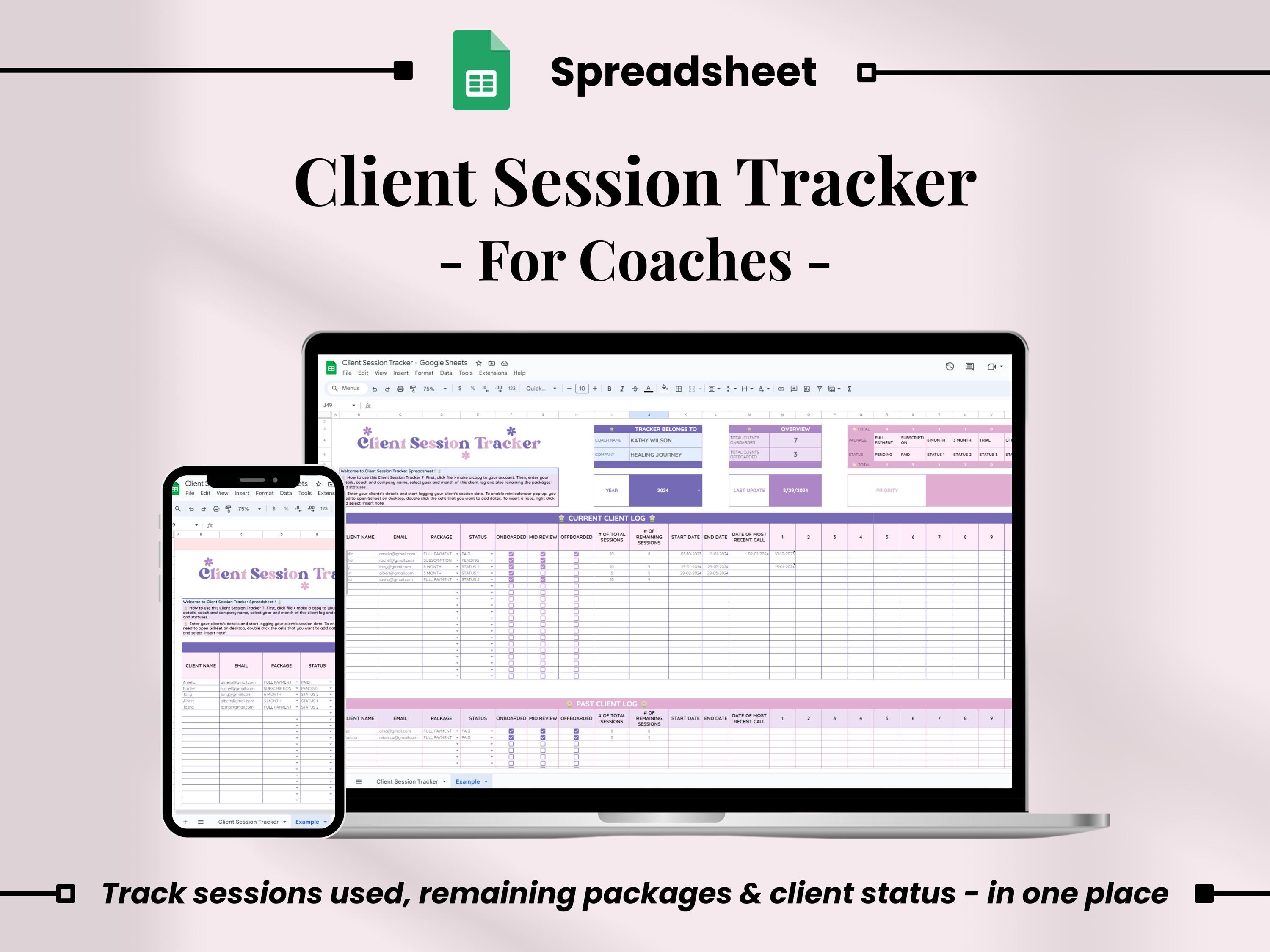 Client Session Tracker Spreadsheet for Coaches, Client Management ...