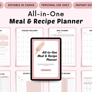 All-in-One Meal Planner Printable | Recipe Binder | Weekly & Monthly Meal Plan | Grocery List, Pantry Inventory for ADHD | Digital PDF