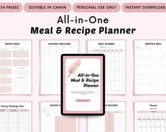 Meal & Recipe Planner | Weekly, Monthly, Pantry Inventory (Digital PDF)