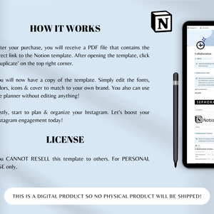 May include: A digital product for Instagram planning and organization. The image shows a Notion template with a blue background and a white star. The template includes sections for collaboration, brands, and a collaboration tracker. The text "Collaboration" is written in blue and white. The text "Notion" is written in white and black. The text "SEPHORA" and "PRIMARK" are written in black. The image also shows a black stylus pen and a white background with the text "HOW IT WORKS" and "LICENSE".