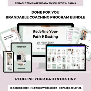 Könnte beinhalten: Ein digitales Coaching-Programm-Paket mit dem Titel "Redefine Your Path & Destiny". Das Paket enthält ein 86-seitiges E-Book, ein 13-seitiges Arbeitsblatt und ein 30-seitiges Tagebuch. Das Programm soll Menschen helfen, ihren Sinn zu finden und ein erfüllteres Leben zu führen.