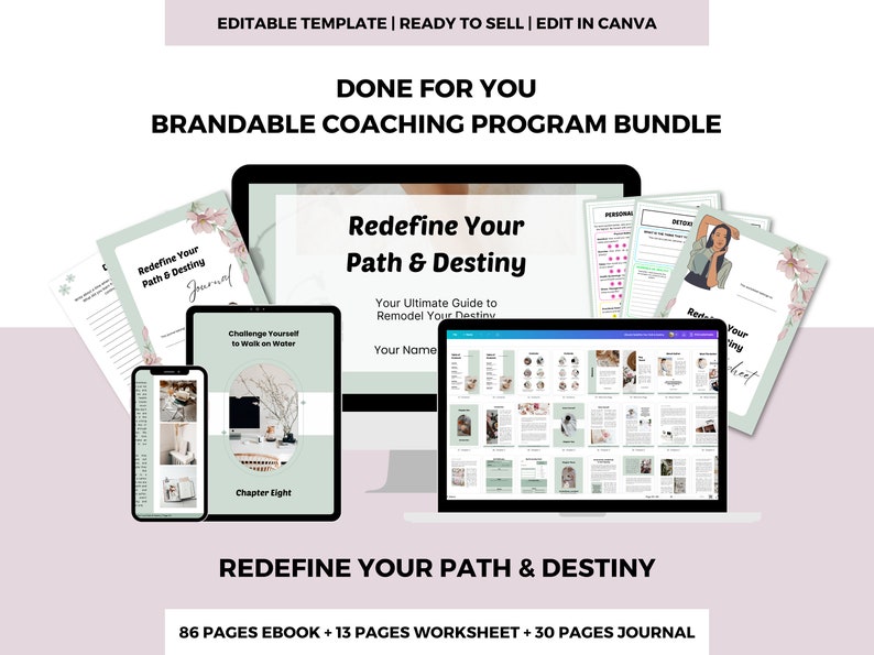 Puede incluir: Un paquete de programa de coaching digital con el t&iacute;tulo "Redefine Your Path & Destiny". El paquete incluye un libro electr&oacute;nico de 86 p&aacute;ginas, una hoja de trabajo de 13 p&aacute;ginas y un diario de 30 p&aacute;ginas. El programa est&aacute; dise&ntilde;ado para ayudar a las personas a encontrar su prop&oacute;sito y vivir una vida m&aacute;s plena.