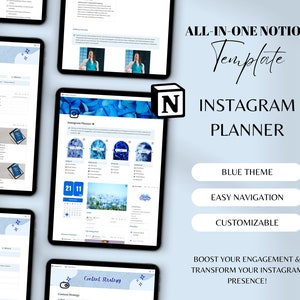 May include: A blue and white themed Notion template for Instagram planning. The template includes a calendar, content strategy, and other features to help you plan and schedule your Instagram posts. The template is customizable and easy to use.
