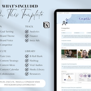 May include: A blue and white graphic with a checklist of items included in a template for Instagram. The checklist includes sections for planning, executing, tracking, and building a library of resources. The graphic also includes a screenshot of a web page with the title "Competitor" and a quote about competition.