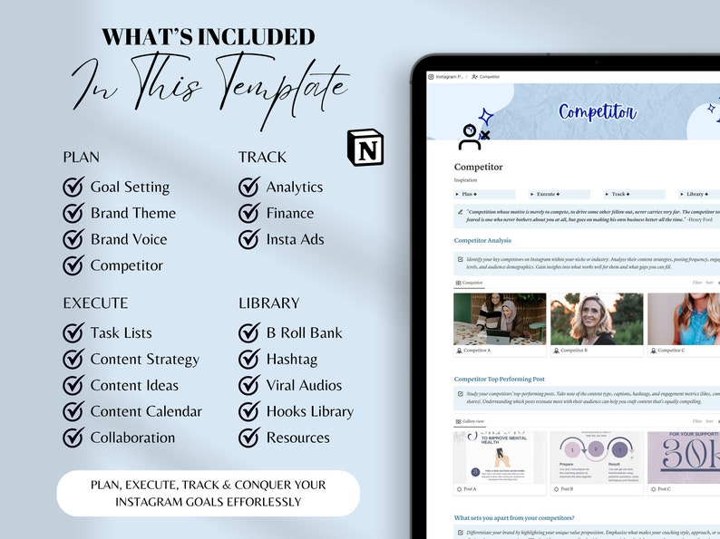 May include: A blue and white graphic with a checklist of items included in a template for Instagram. The checklist includes sections for planning, executing, tracking, and building a library of resources. The graphic also includes a screenshot of a web page with the title "Competitor" and a quote about competition.