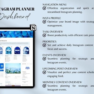 May include: A screenshot of a computer screen showing a dashboard for an Instagram planner. The dashboard has a calendar, a list of upcoming posts, and a section for managing Instagram events. The background of the dashboard is a blue floral pattern.