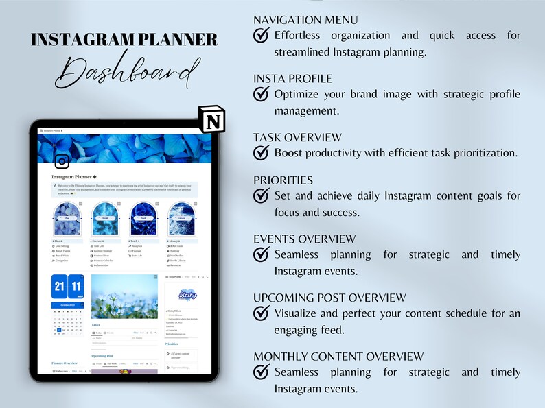 May include: A screenshot of a computer screen showing a dashboard for an Instagram planner. The dashboard has a calendar, a list of upcoming posts, and a section for managing Instagram events. The background of the dashboard is a blue floral pattern.