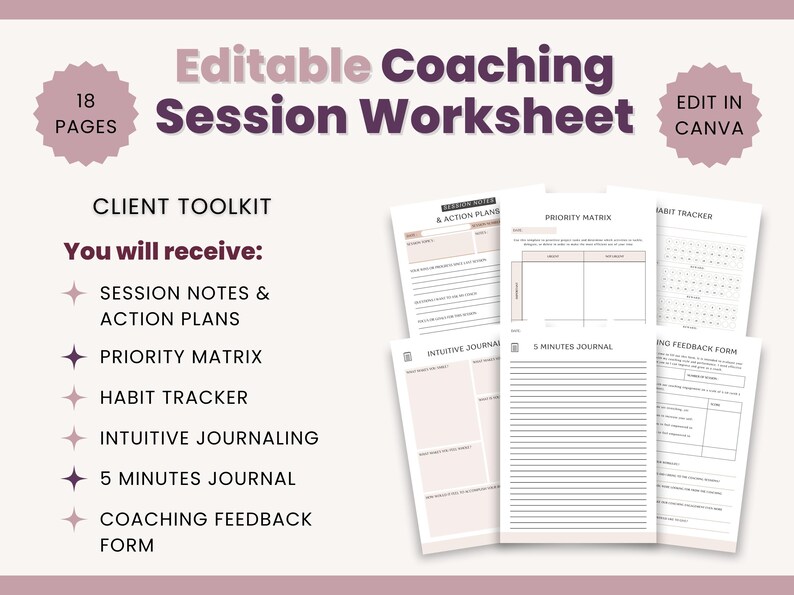 Editable Coaching Session Worksheet Template for Coaches, Client Form, Goal Planner, Action Plan, Session Notes, Canva Coaching Tools image 7