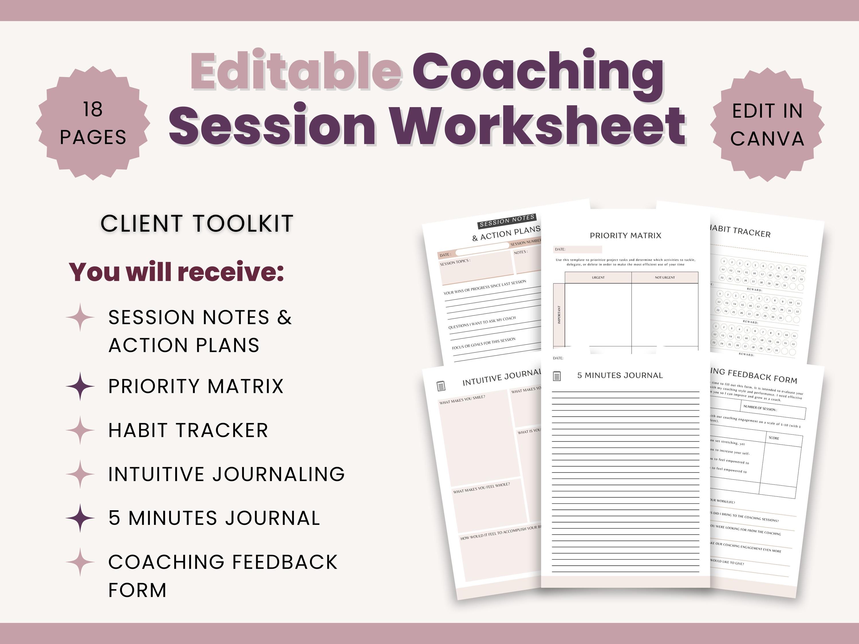 Editable Coaching Session Worksheet Template for Coaches, Client Form ...