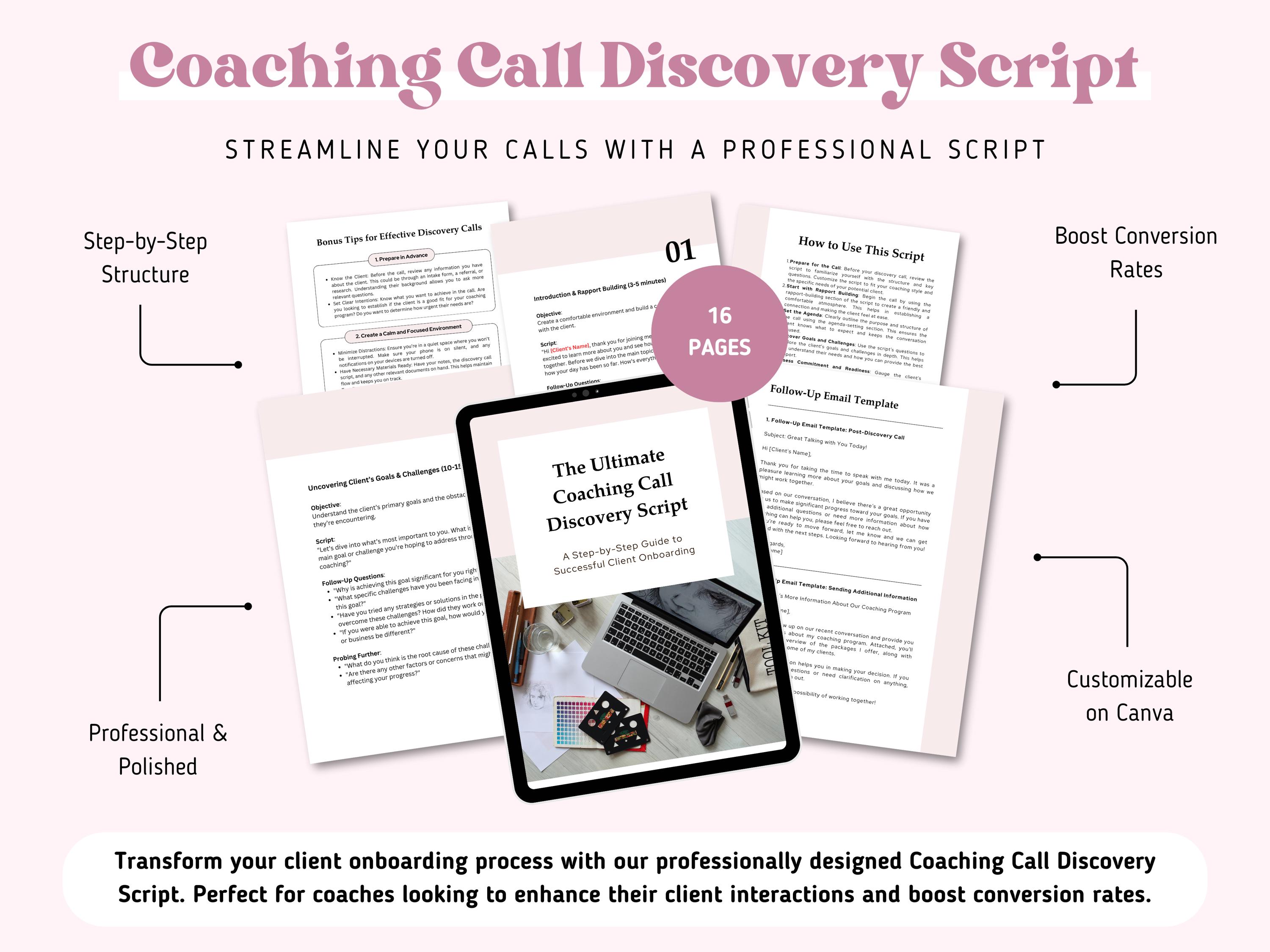 Coaching Call Discovery Script For Coaches, Sales Call Script Template, Effective Client Onboarding, Follow-Up Email Template