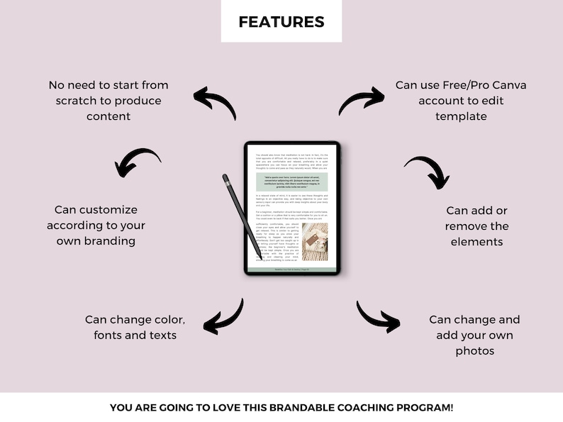 Puede incluir: Un diagrama que ilustra las caracter&iacute;sticas de una plantilla de programa de coaching personalizable. La plantilla se puede editar utilizando una cuenta de Canva gratuita o profesional. Las caracter&iacute;sticas incluyen: no es necesario empezar desde cero, personalizaci&oacute;n de la marca, cambio de colores, fuentes y textos, adici&oacute;n o eliminaci&oacute;n de elementos, y cambio o adici&oacute;n de fotos.