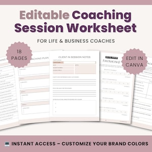 Modello di foglio di lavoro modificabile per sessioni di coaching per coach, modulo cliente, pianificatore di obiettivi, piano d'azione, note di sessione, strumenti di coaching Canva