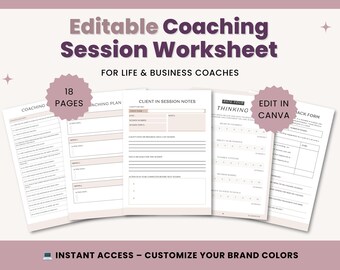 Editable Coaching Session Worksheet Template for Coaches, Client Form, Goal Planner, Action Plan, Session Notes, Canva Coaching Tools