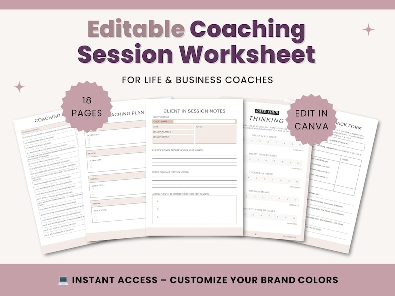 Editable Coaching Session Worksheet Template for Coaches, Client Form, Goal Planner, Action Plan, Session Notes, Canva Coaching Tools image 1