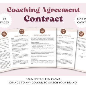 Può includere: Un modello di contratto di accordo di coaching con 10 pagine. Il documento è modificabile in Canva e può essere personalizzato per abbinarsi al tuo marchio. Il modello presenta uno schema di colori marrone e bianco con un design semplice.