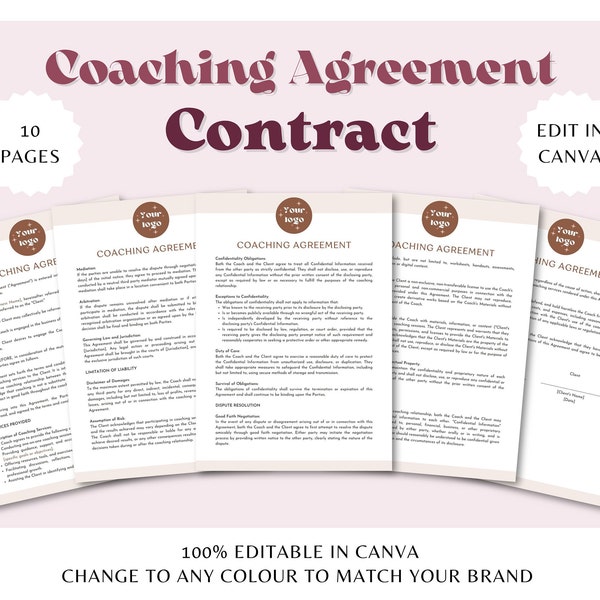 Coaching Agreement Template, Coaching Contract Template, Legal Contract, Coaching Intake Form, Coaching Program, Editable Canva Template