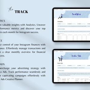 May include: A screenshot of a computer screen showing a website with a blue and white background. The website is called "The Track" and it offers tools for managing Instagram analytics, finances, and ads. The website has a clean and modern design with a blue and white color scheme.
